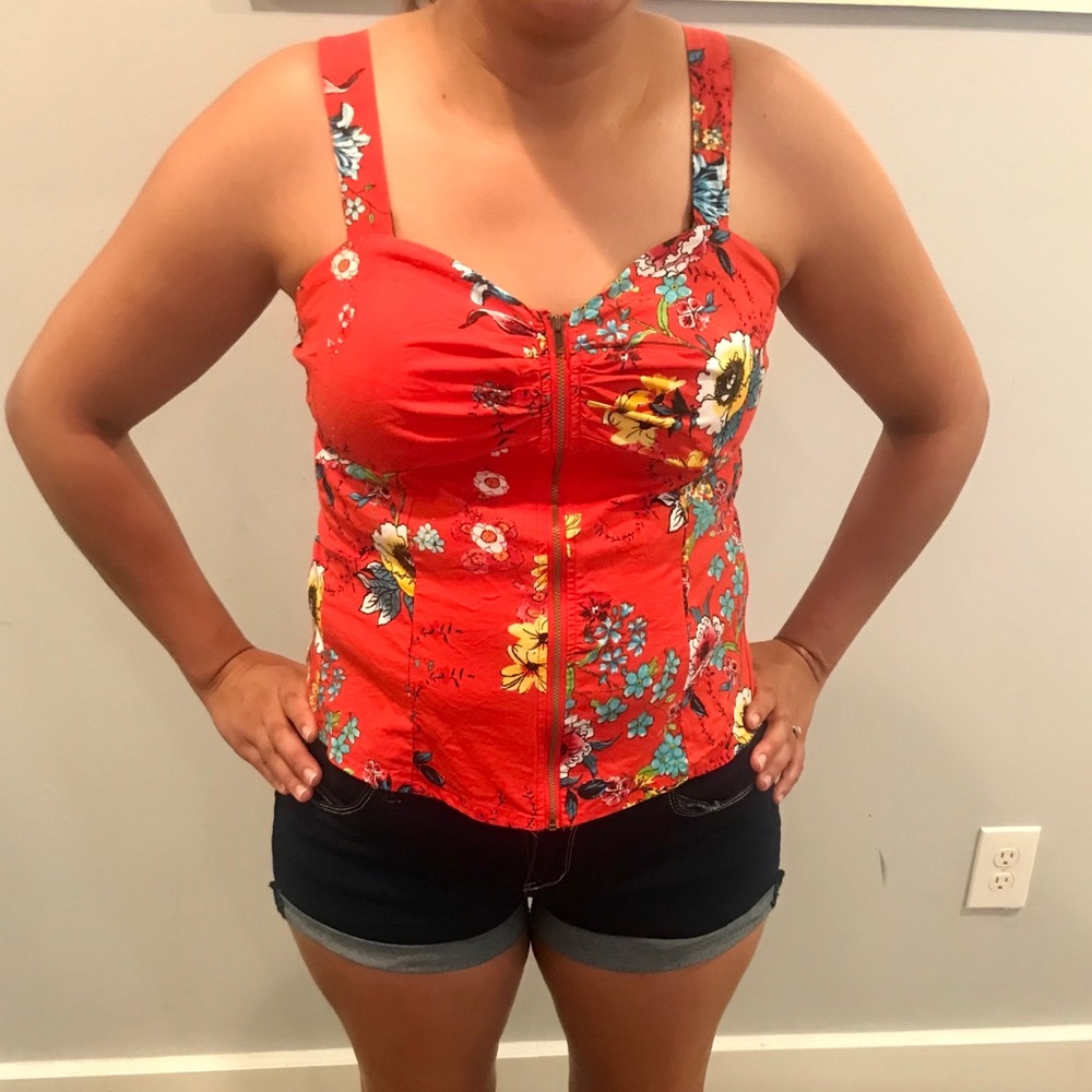 Red floral zip up top